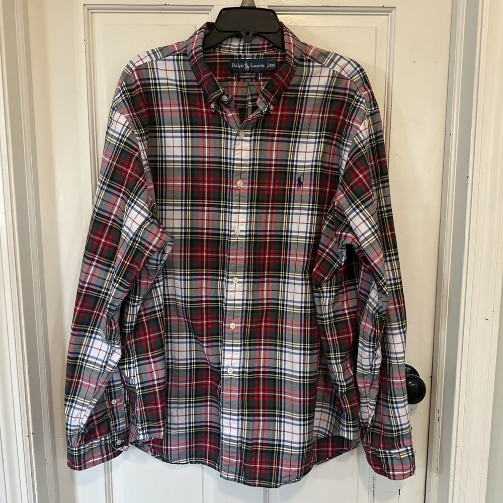Ralph Lauren Men's Classic Fit Plaid Button Down Shirt White/Green/Red Size XXL